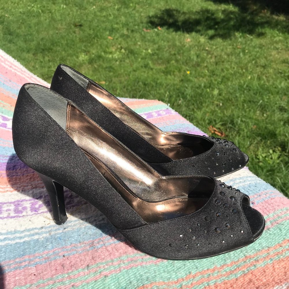 Nina Black Satin Open-toe pumps with Crystals - 6.5
